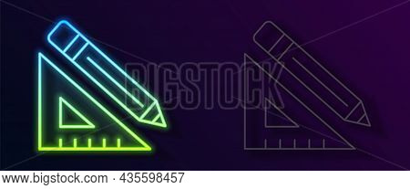 Glowing Neon Line Triangular Ruler And Pencil Icon Isolated On Black Background. Straightedge Symbol