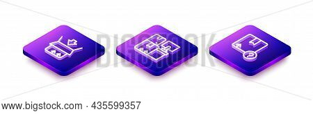 Set Isometric Line Carton Cardboard Box, Warehouse With Boxes And Icon. Vector