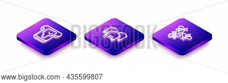 Set Isometric Line Bread With Honey, Hive For Bees And Bees Icon. Vector