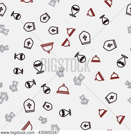 Set Line Carnival Mask, Pope Hat, Coffee Maker Moca Pot And Covered With Tray Food On Seamless Patte
