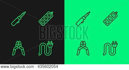 Set Line Electric Plug, Pliers Tool, Soldering Iron And Extension Icon. Vector