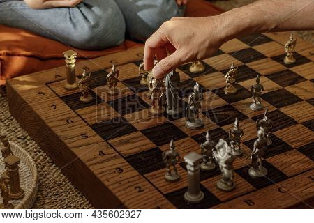Ancient Metal Roman Chess Set With Silver And Gold Plated Pieces On Solid Oak Wood Board. Concept Im