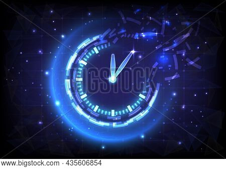 Futuristic Sci-fi Glowing Hud Clock Fading. Abstract Time Machine And Polygon Hi-tech Background. Da