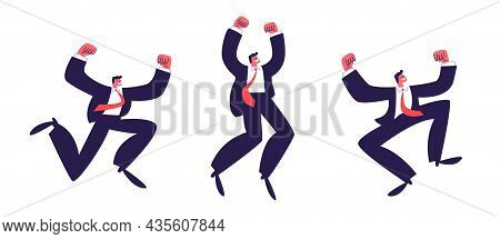 Jumping Men. A Set Of Victorious Men In Suits In A Red Tie Raised Their Hands Emotionally. Vector St