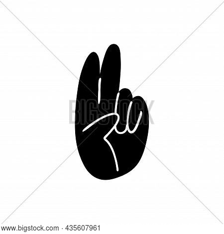 Two Fingers Up. Cartoon Hand Gesture. Black Silhouette Of A Hand On A White Background With The Inde