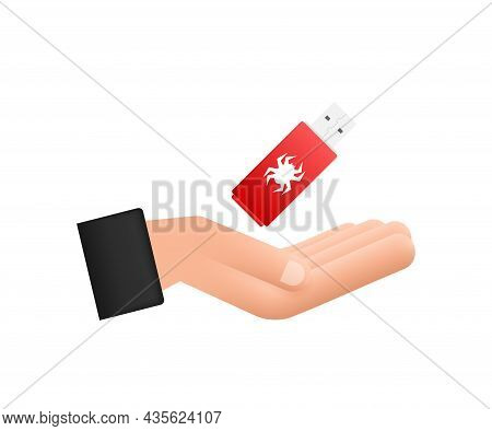 Computer Virus On Usb Flash Card In Hands. Virus Protection. Vector Stock Illustration.