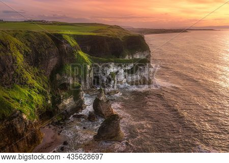 Beautiful White, Limestone Cliffs Seen From Magheracross Viewpoint At Dramatic Sunset, Bushmills, No
