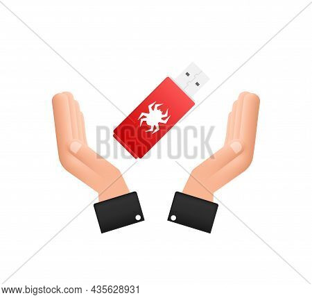 Computer Virus On Usb Flash Card In Hands. Virus Protection. Vector Stock Illustration.