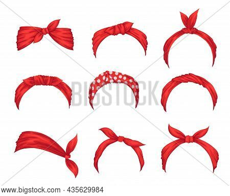 Collection Of Retro Headbands For Woman. Mockups Of Decorative Hair Knott. Red Bandana Windy Hair Dr