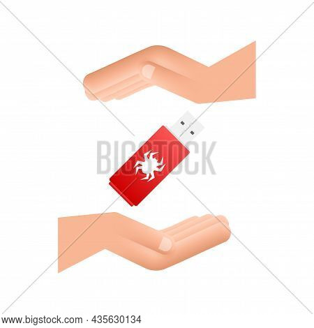 Computer Virus On Usb Flash Card In Hands. Virus Protection. Vector Stock Illustration.