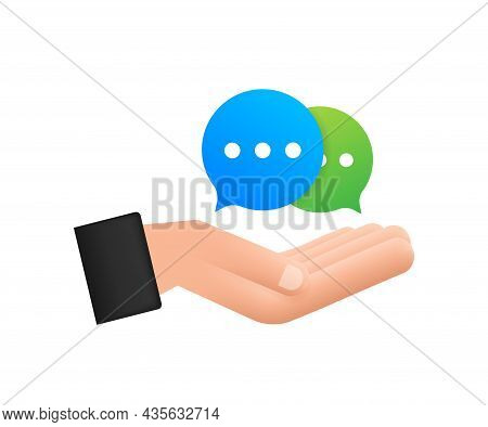 Chat Message Bubbles Icon Hanging Over Hands On White Background. Vector Stock Illustration.