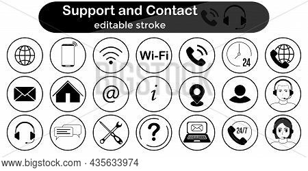 Support And Contact Icons Set. Icon Collection - Email, Online Support, Info, 24 Hour Service, Simpl