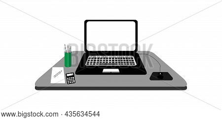 Modern Laptop With Blank Screen. Vector Illustration Of Laptop For Work, Pencil Jar, Paper, Calculat