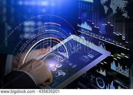Man Finger Touch Electronic Tablet, Virtual Screen With Stock Market Changes, Business Bar Chart. Do