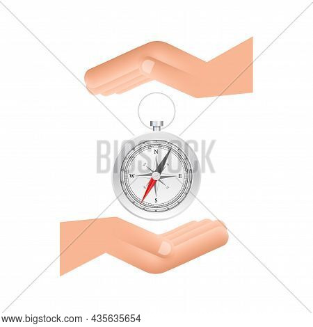 Compass Icon Over Hands On White Background. Flat Vector Navigation Symbol. Vector Stock Illustratio