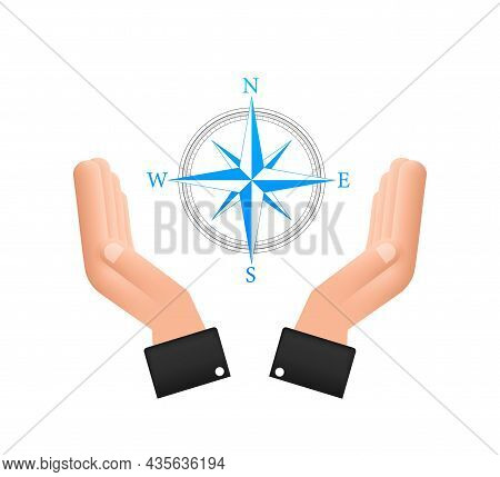 Compass Icon Over Hands On White Background. Flat Vector Navigation Symbol. Vector Stock Illustratio