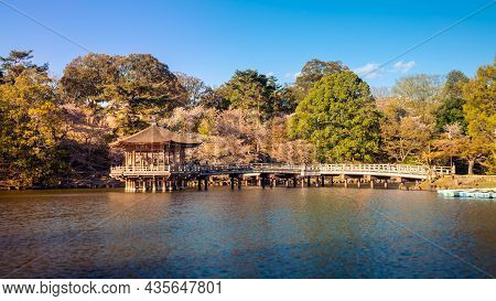 Ukimi-do Hall Above The Pond In Nara Park During Sakura Blossoms. Temple Japan