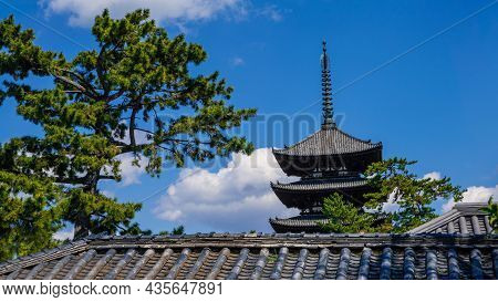 View Of Five Storied Pagoda Of Kofukuji Temple In Nara. Beauty Japan Cityscape