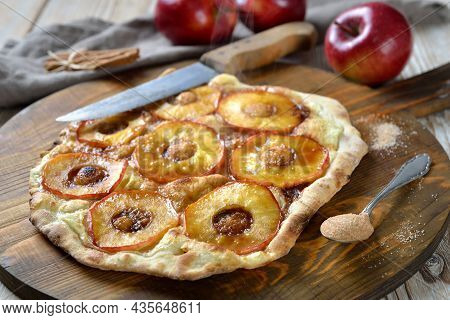 Sweet Tarte Flambée From Alsace With Apple Rings And Candied Cinnamon Sugar As A Dessert Hot From Th