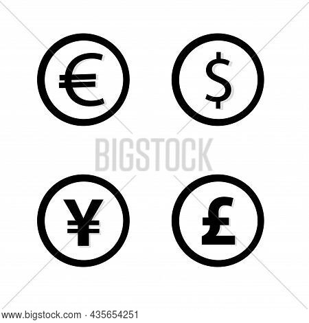 Currency Symbols Black And White. Money Sign. Euro, Dollar, Yen, Pound. Golden Coins. Vector Earning