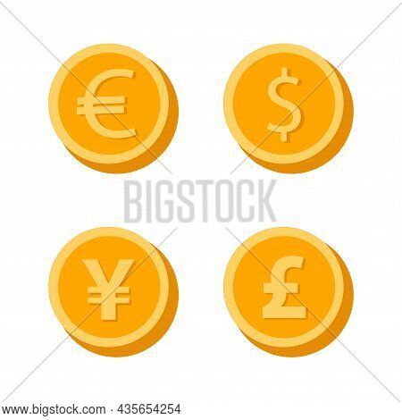 Currency Symbols. Money Sign. Euro, Dollar, Yen, Pound. Golden Coins. Vector Earning Currency  Illus
