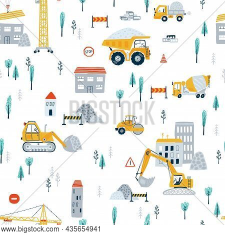 Cute Children's Seamless Pattern With Yellow Car Dump Truck, Crane, Road, Signs, House On White Back