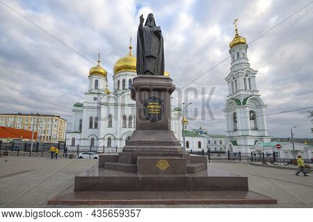 Rostov-on-don, Russia - October 03, 2021: Monument To St. Dmitry The Metropolitan Of Rostov Against 