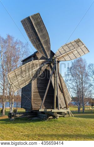 Old Windmill In The Village Of Rantasalmi Close-up On A October Afternoon. Finland