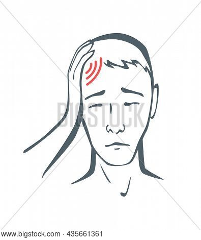 Body part pain. Man feels pain in head marked with red lines. Headache. foci of pain or trauma symbols, grey art line illustration
