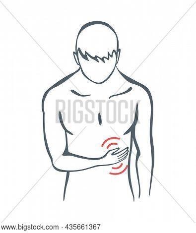 Body part pain. Man feels pain in abdomen of body marked with red lines. foci of pain or trauma symbols, grey art line illustration