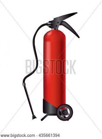 Red fire extinguisher. Isolated portable fire-fighting unit with hose and whels. Firefighter tool for flame fighting attention. Portable fire extinguishing equipment