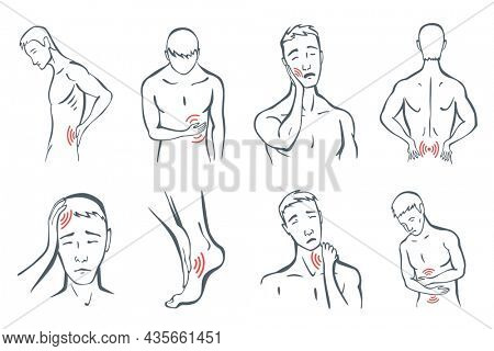 Body parts pain set. Man feels pain location in different part of body with red line icons. Ache in head, neck or tooth pain. foci of pain or trauma symbols, grey art line illustration