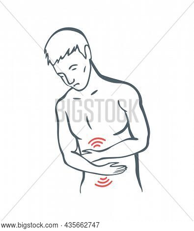Body part pain. Man feels pain in abdomen marked with red lines. foci of pain or trauma symbols, grey art line illustration