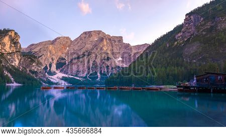 Prager Wildsee, A Spectacular Romantic Place With Typical Wooden Boats On The Alpine Lake, Lago Di B