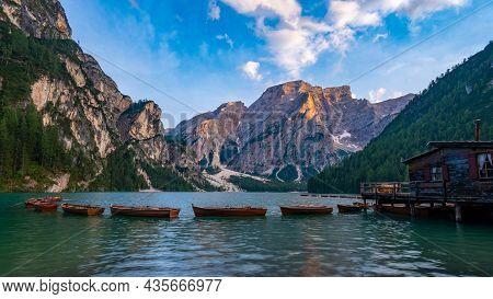 Prager Wildsee, A Spectacular Romantic Place With Typical Wooden Boats On The Alpine Lake, Lago Di B