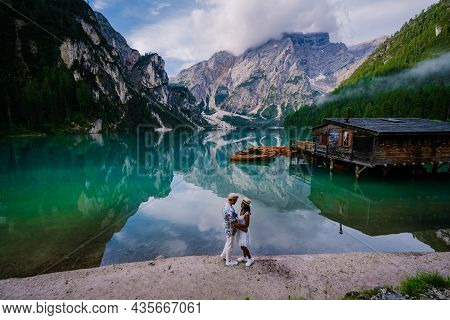 Prager Wildsee, A Spectacular Romantic Place With Typical Wooden Boats On The Alpine Lake, Lago Di B