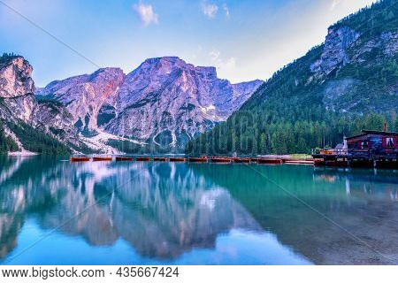 Prager Wildsee, A Spectacular Romantic Place With Typical Wooden Boats On The Alpine Lake, Lago Di B