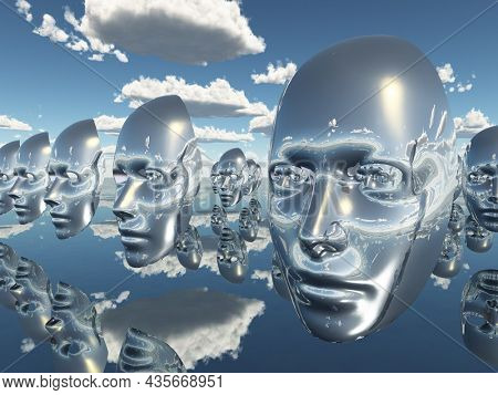 Disembodied faces or masks hover in surreal scene. 3D rendering.