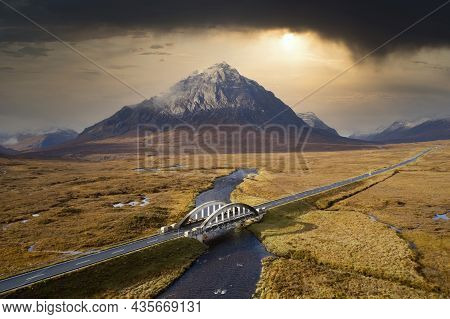 Buachaille Etive Mor Aerial During Autumn View Of A82 Road And Bridge