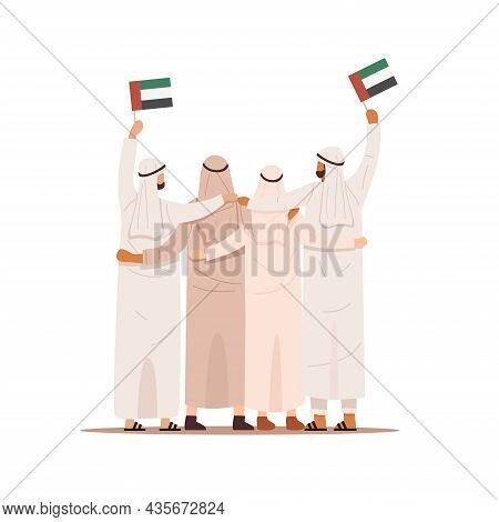 Back View Of Arab People Hugging Together And Holding Flag Of United Arab Emirates, Vector