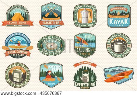 Set Of Summer Camp, Canoe And Kayak Club Badges. Vector. Concept For Patch. Retro Design With Campin
