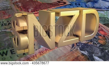 Gold-plated Nzd Dollar Symbol On The Background Of New Zealand Banknotes. Finance Concept. Rendering