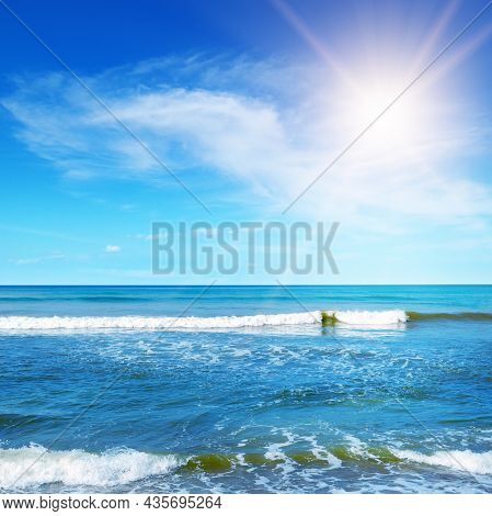 Beautiful Background Image Of Tropical Beach. Bright Summer Sun Over Ocean.