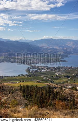 View Of A Small Touristic Town During A Beautiful Sunny Fall Season Day. Taken In Osoyoos, British C