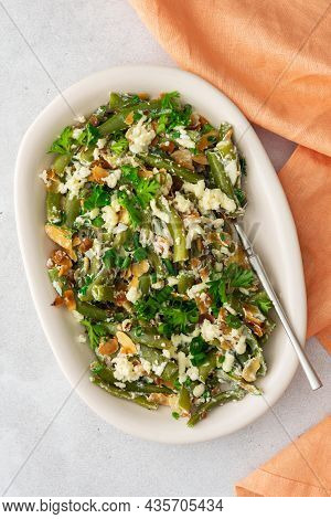 Roasted Almond Flakes With Green Beans With Riccotta Cheese And Mozzarella, Vegetable Salad With Gre