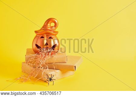 Ceramic Lamp And Paper Shavings For Gift Wrapping, Pumpkin Sick With Paper On Gifts, , Creative Hall