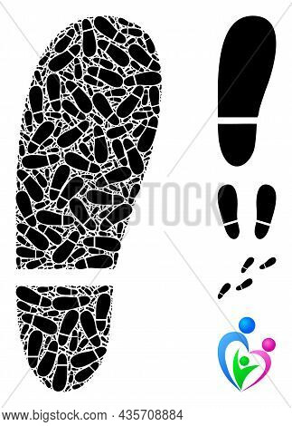 Vector Human Foot Print Collage Is Made From Random Itself Human Foot Print Elements. Recursive Coll