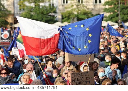 Cracow; Poland - Oct 10; 2021: We Stay; The Government Leaves! People Protest Against The Verdict Of