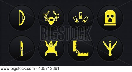 Set Hunter Knife, Balaclava, Bear Skin, Trap Hunting, Cartridges, Deer Antlers On Shield, Bird Footp