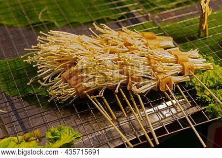 Enoki Grilled Mushrooms Wrapped In Tofu Cheese Street Asia Food On Wooden Skewers